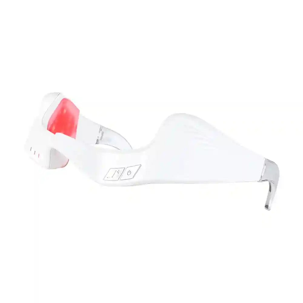 White electric eye massager glasses with red light therapy for eye fatigue relief and home spa massage.