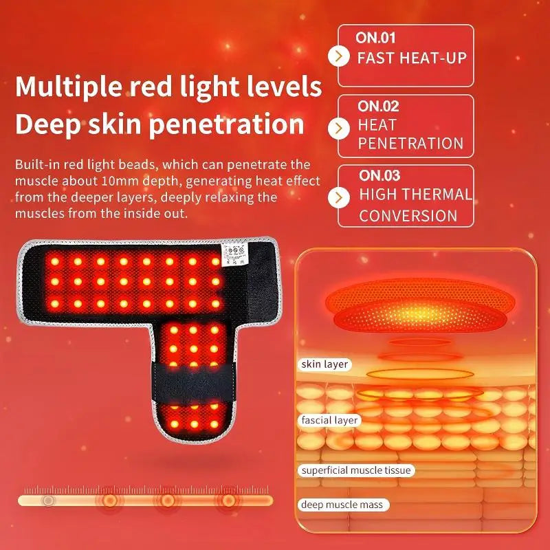 Red light ankle heating sleeve with vibration massage for deep muscle pain relief, joint therapy, and thermal healing.