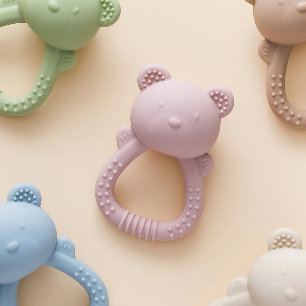 Baby Silicone Teether Bear Hand Bell Food Grade Teether Toys Rattle Baby 0-12 Months Silicone Sensory Toys Silicone Teething Toy
