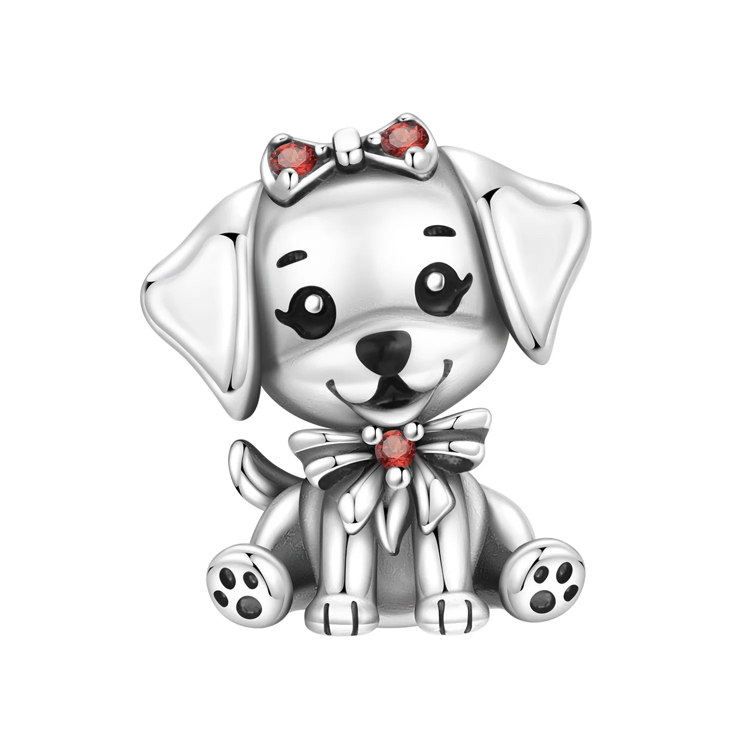 Cute 925 sterling silver dog charm with red stone bows for bracelets. A stylish, trendy gift for pet lovers.