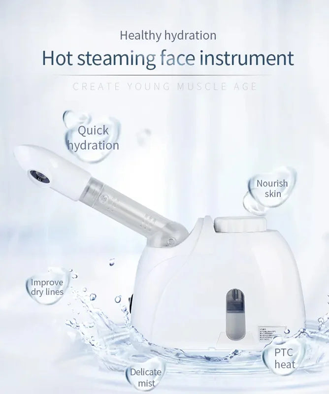 White professional mini facial steamer with nano mist sprayer for skin hydration and hot spa treatment at home.
