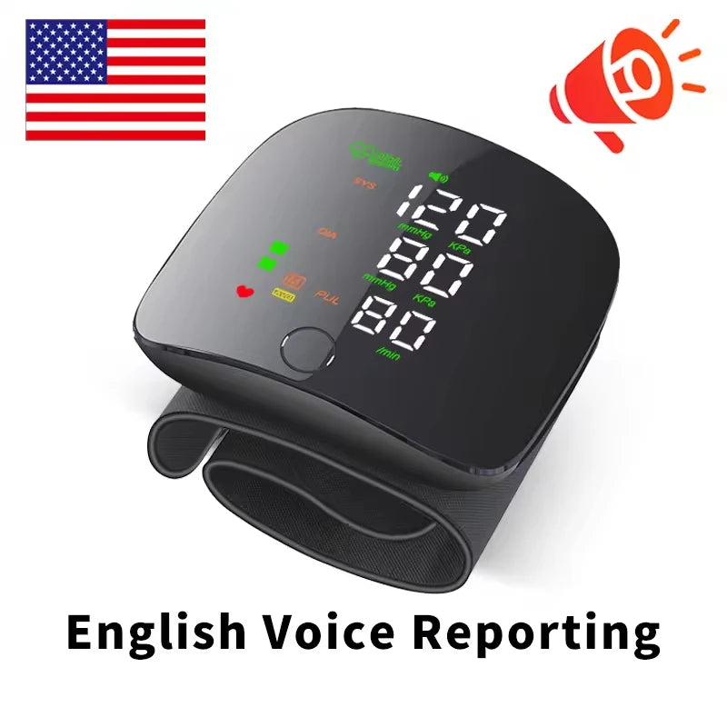 Voice Portable LED Wrist Blood Pressure Monitor Portable Rechargeable Digital Tonometer Sphygmomanometer BP Monitor