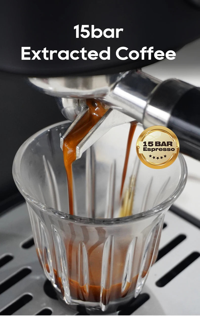 15 bar espresso machine pouring fresh coffee into a glass cup with stainless steel details.