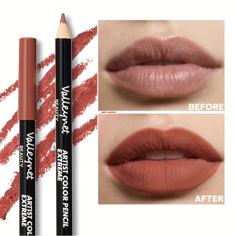 Long-lasting matte lip liner pencil set showing before and after application with a highly pigmented, dusty rose shade.