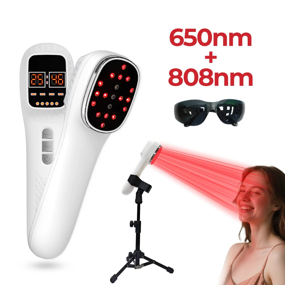 White handheld red light therapy device, protective glasses, and a tripod, showing light applied to a woman's face.