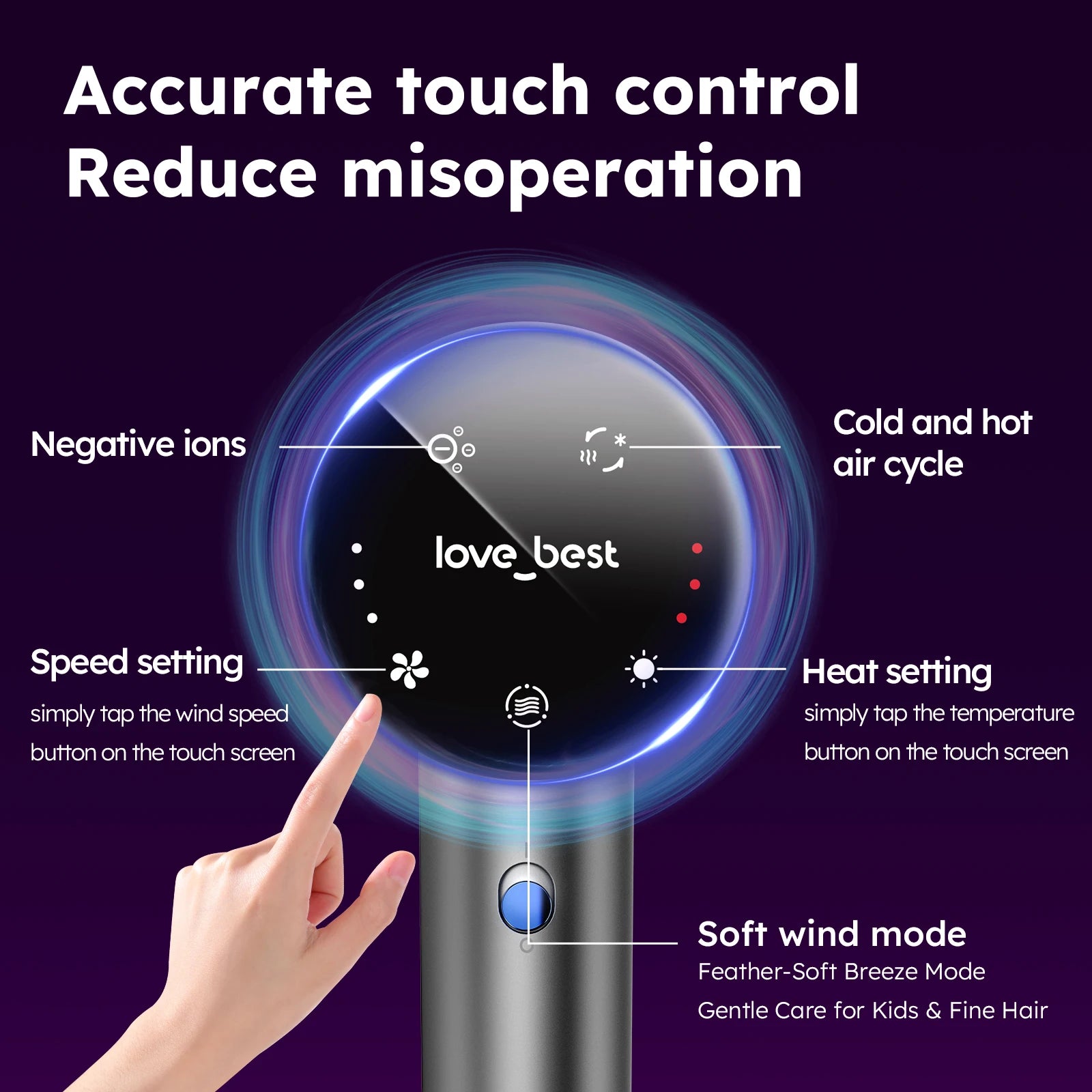 High-speed hair dryer with touch screen control, negative ion tech, and heat/speed settings for fast drying.