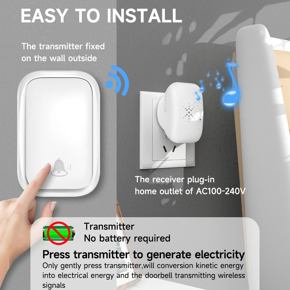 Wireless Doorbell 38-Chime 90db  Self-Generating Power Waterproof Remote Modern Design Kinetic Energy Door Bell EU US UK Plug