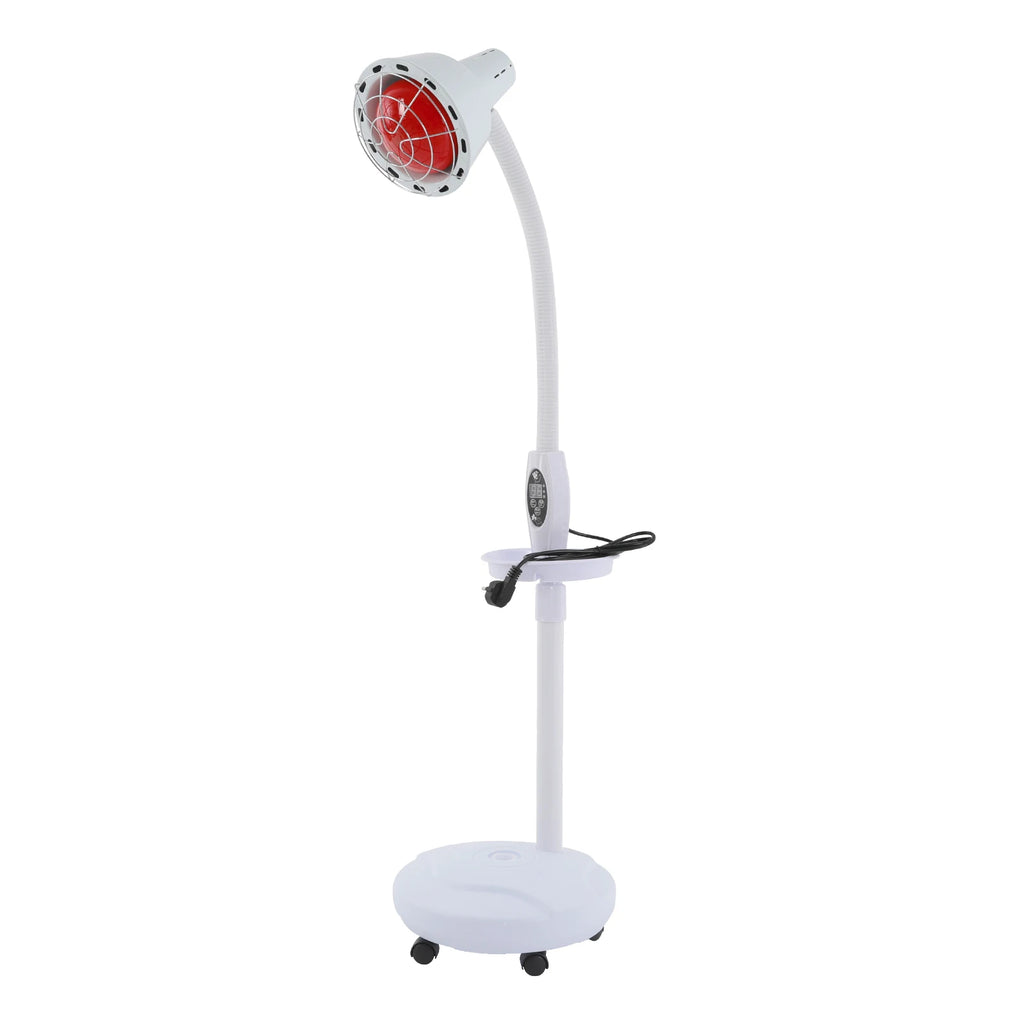 275W infrared heat therapy floor lamp for muscle pain relief with red light bulb, timer, and adjustable white base.