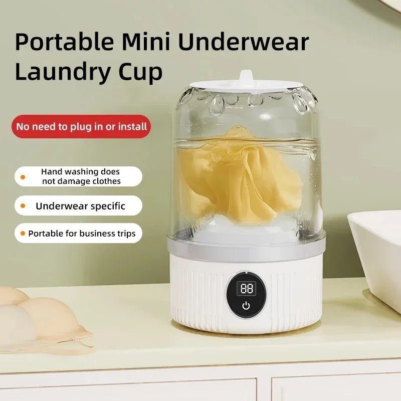Portable mini underwear laundry cup washes delicates on the go without plugging in.