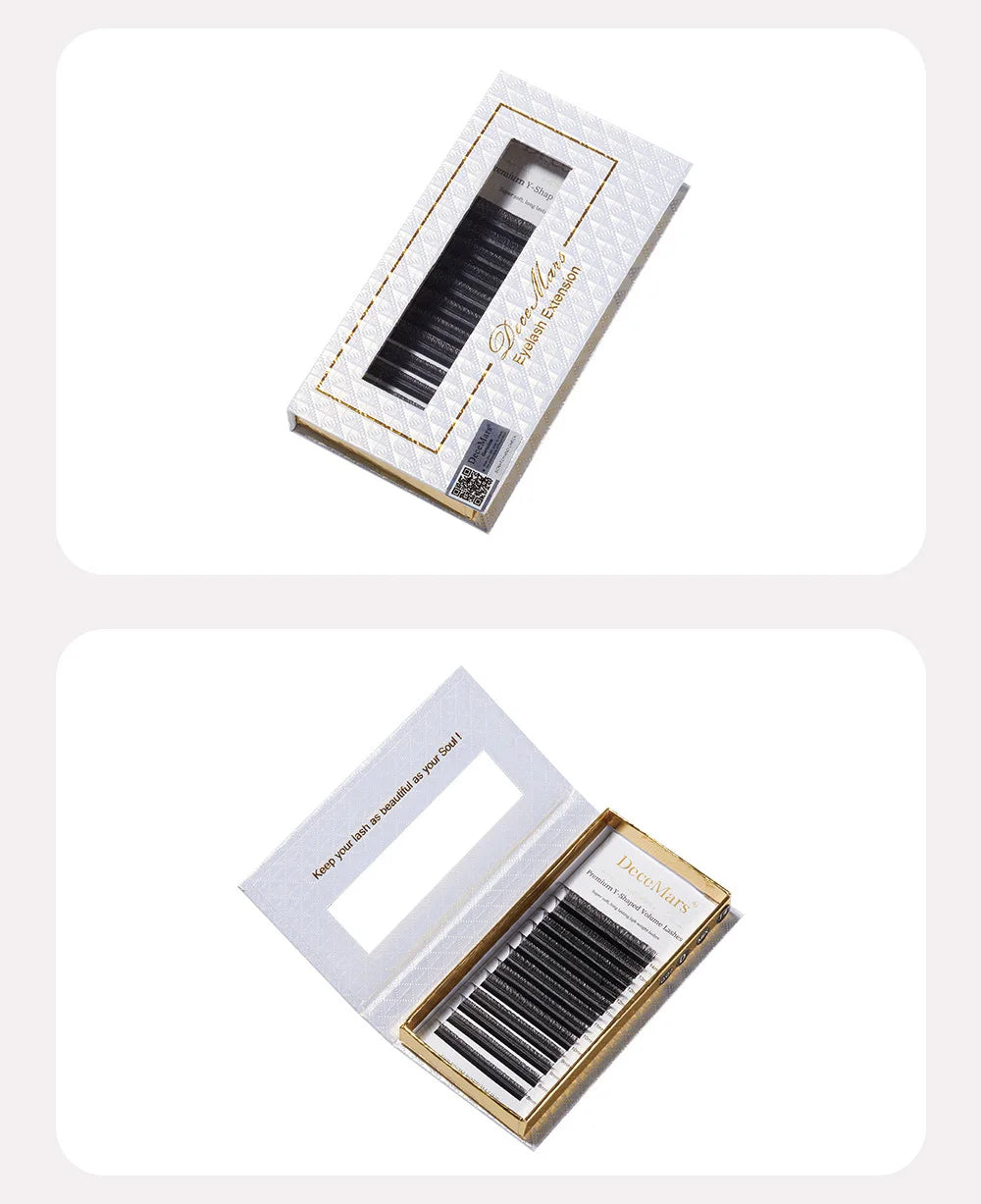 DeceMars YY black eyelash extensions in a white and gold patterned box with a clear display window.
