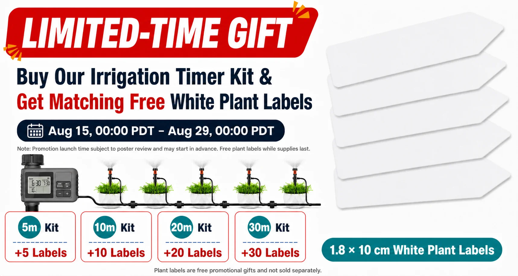 Irrigation timer kit with white plant label cards and kit diagram layout
