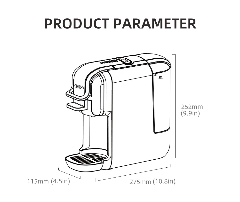 HiBREW compact coffee maker outline drawing showing dimensions of 275mm x 115mm x 252mm.