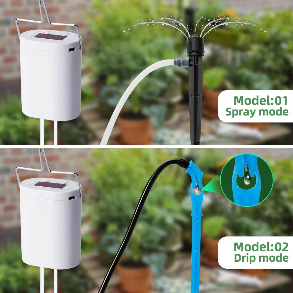 Automatic watering timer controller showing spray and drip modes with outlet nozzle