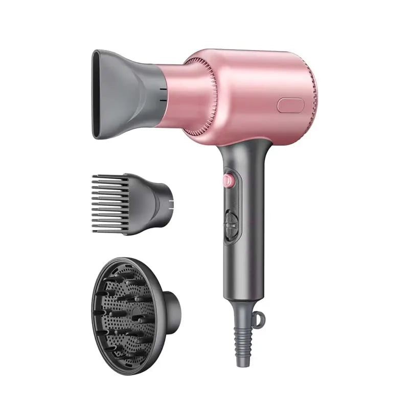 Pink 1875W professional hair dryer with diffuser, styling nozzle, and comb attachment for fast salon-quality drying.