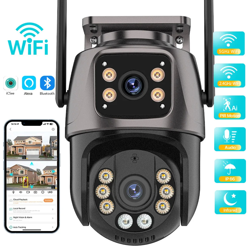 WONSDAR HD Wifi PTZ Camera Outdoor Dual Lens Dual Screen AI Auto Tracking IP Camera CCTV Audio Video Surveillance P2P iCSee