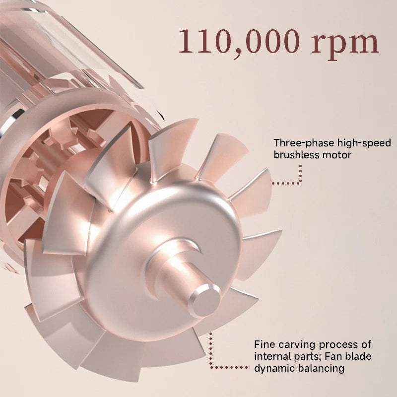 DOCO hair dryer rose gold 110,000 RPM high-speed brushless motor internal fan component for professional hair care.