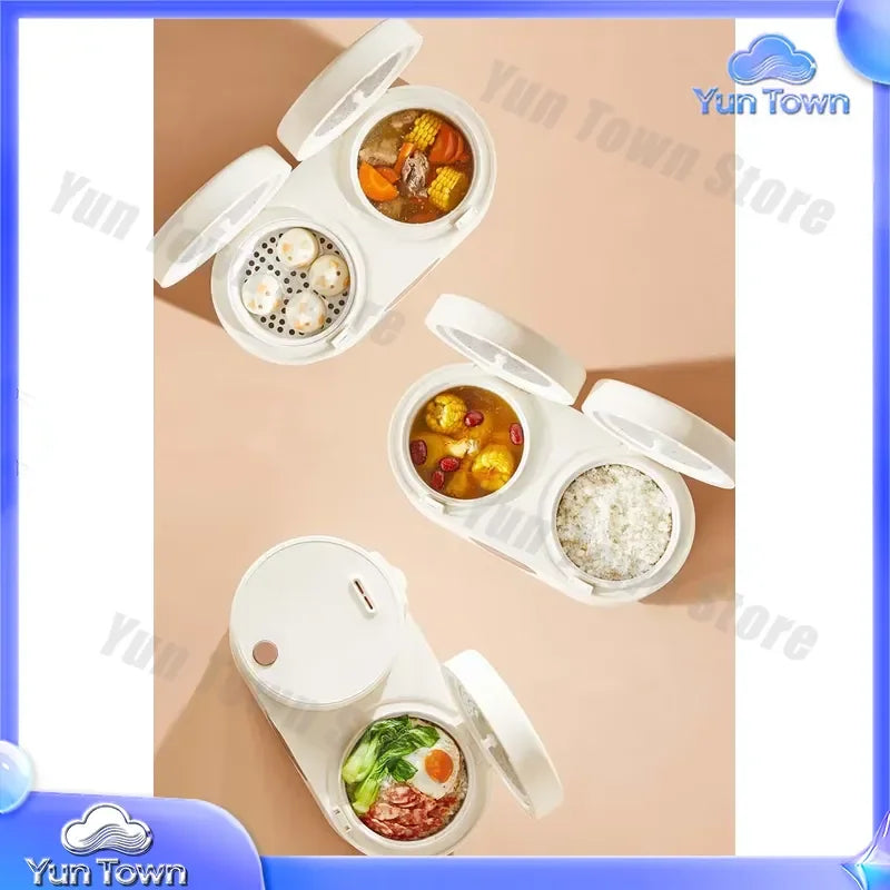 White double rice cooker with two compartments open, holding plated foods