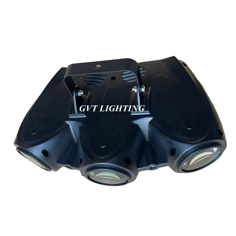 Black three-head LED stage light projector viewed from front with two bright lens barrels