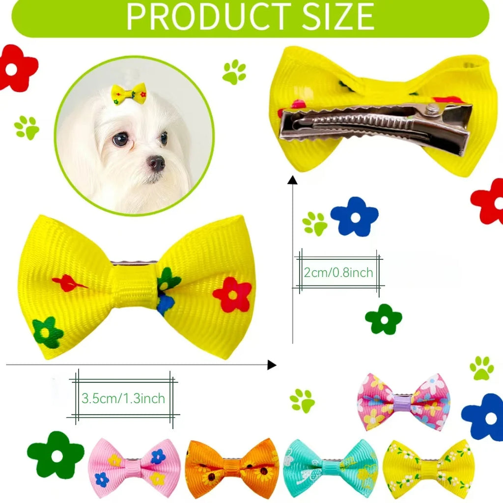 Colorful floral pet hair bows with clips for small dogs and cats. 3.5cm grooming barrettes for cute pet styling.