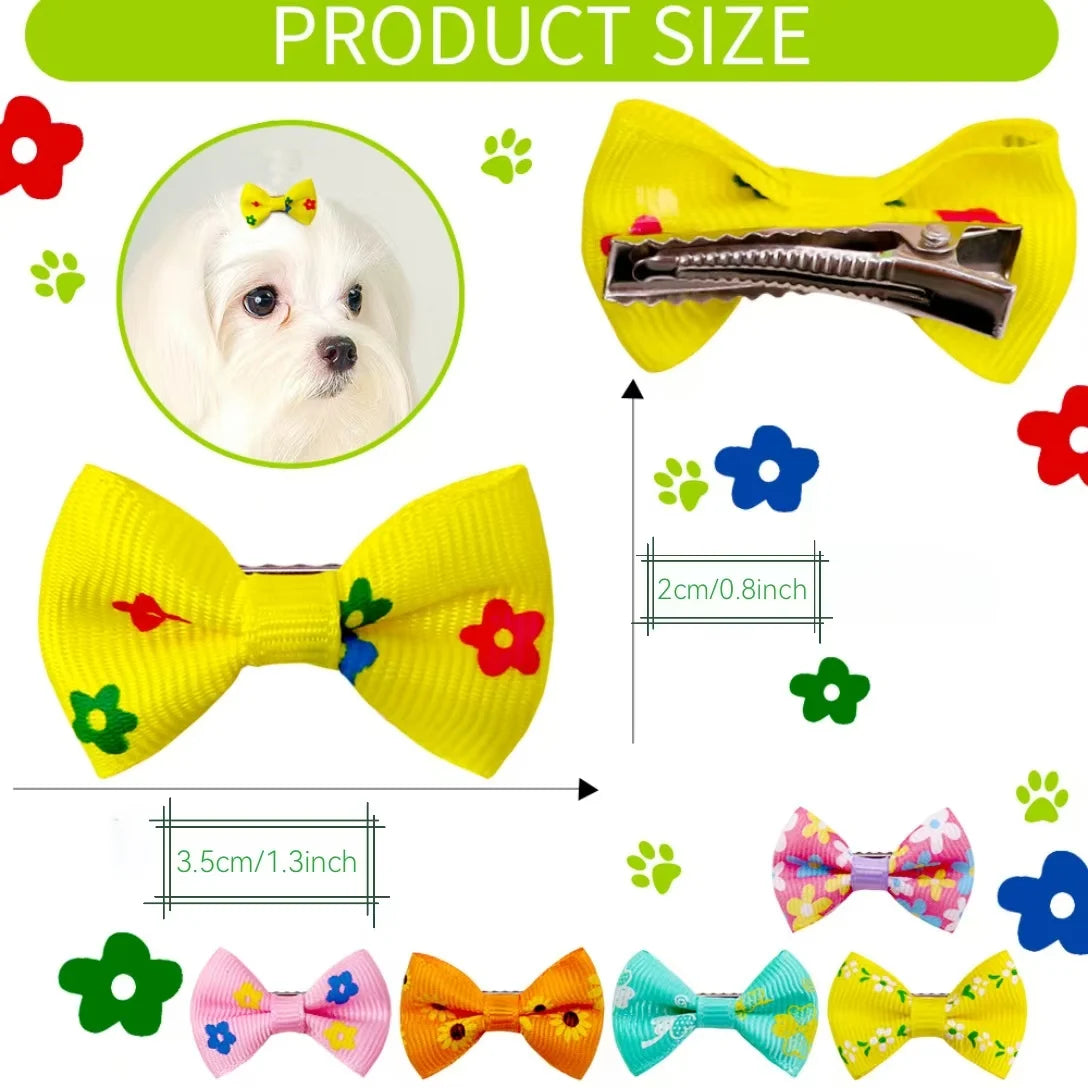 Colorful floral pet hair bows with clips for small dogs and cats. 3.5cm grooming barrettes for cute pet styling.