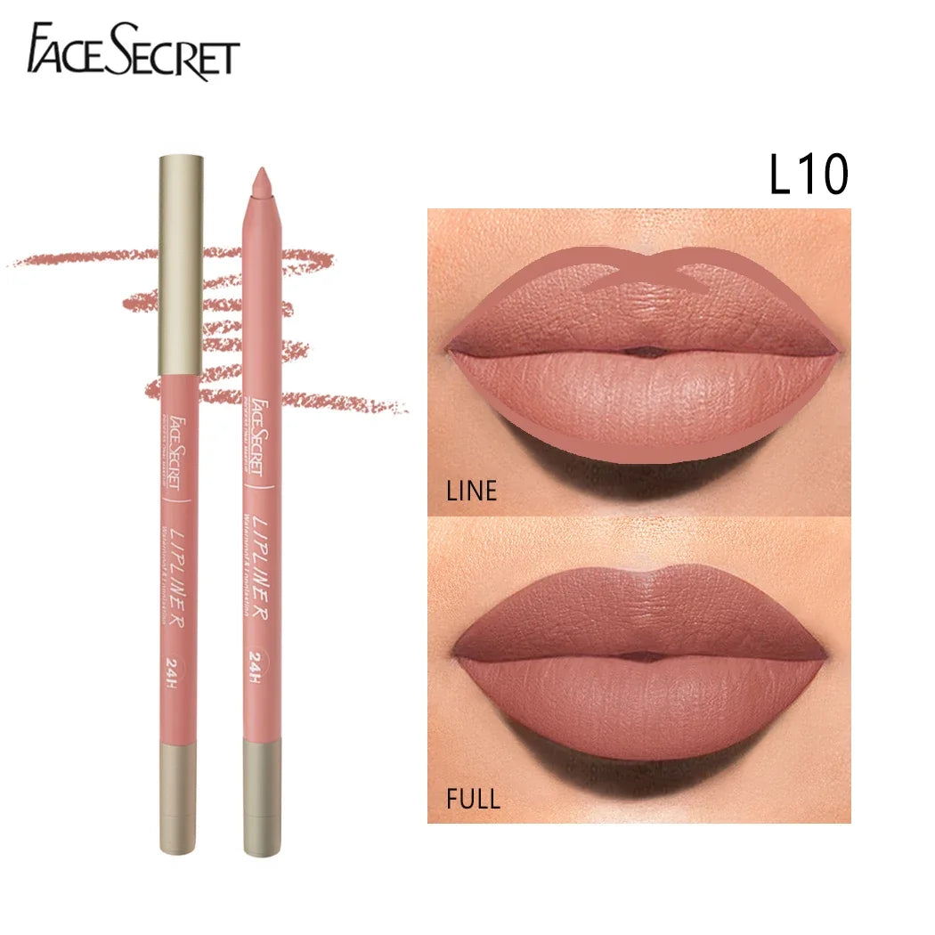 Face Secret waterproof matte lipliner pencil in nude pink, long-lasting velvet lipstick pen shown on lips.