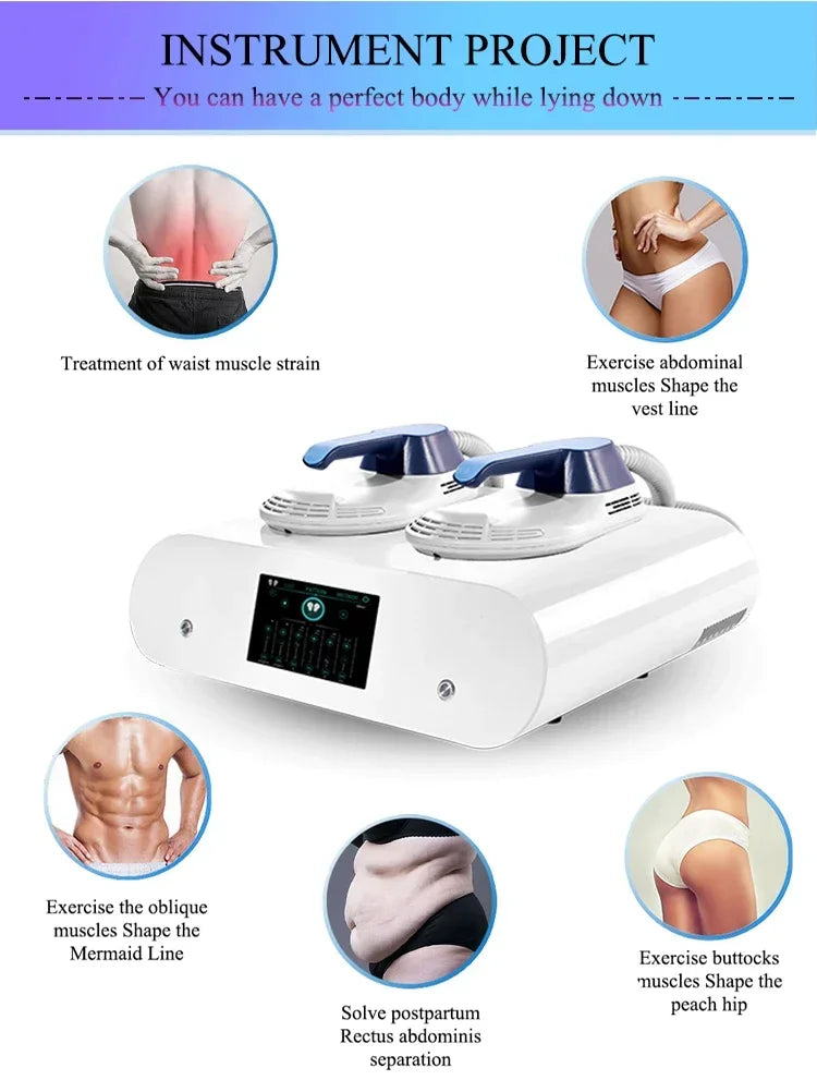HIEMT EMS NEO body sculpting machine for fat burning, muscle toning, and weight loss with digital control panel.