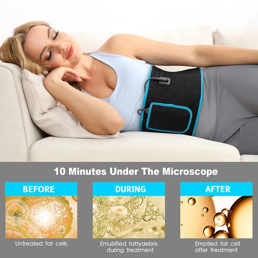 Woman using a red and infrared LED light therapy belt for back pain relief and fat loss on a couch.
