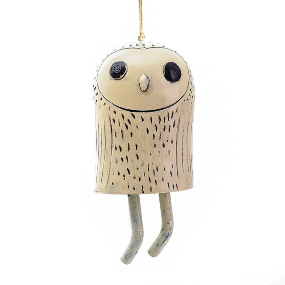 Cute beige owl resin wind chime for rustic garden decor, ideal as a hanging outdoor ornament or gift.
