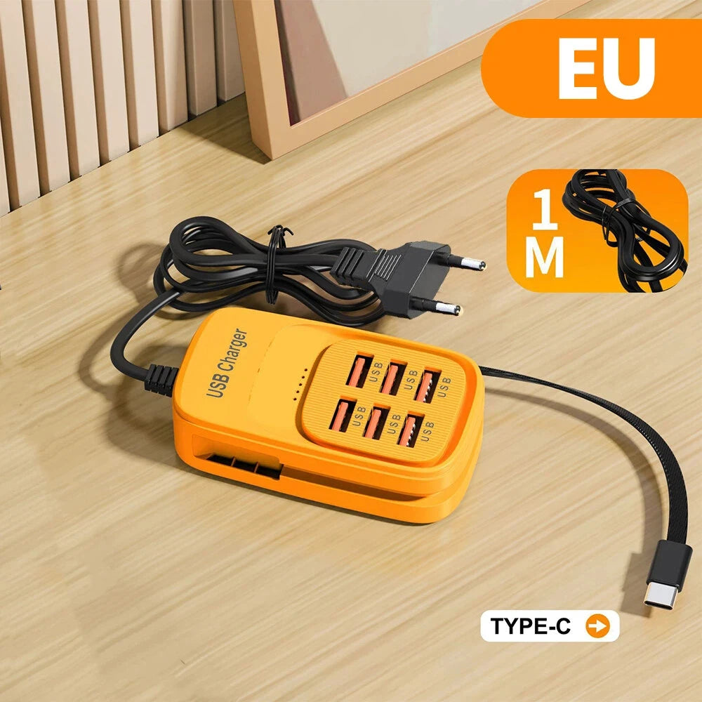 Orange 6-port USB desktop charging station with EU power cable and Type-C connection
