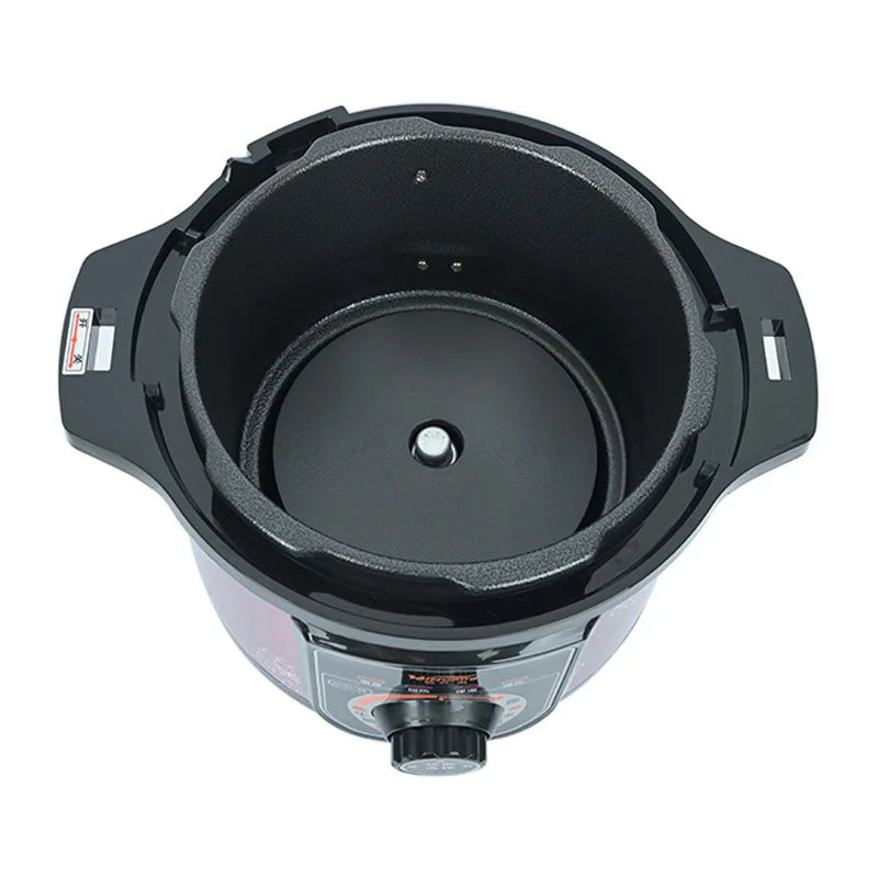 Electric pressure cooker base with black inner pot insert and underside knob