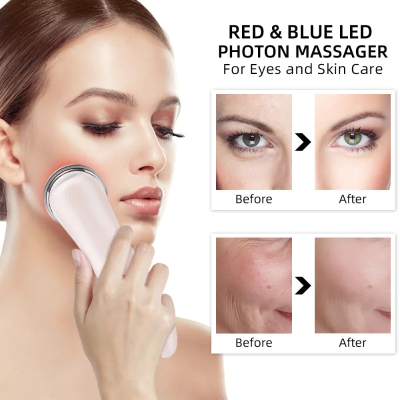White handheld EMS facial massager with red light therapy being used on a woman's face, with before and after results.
