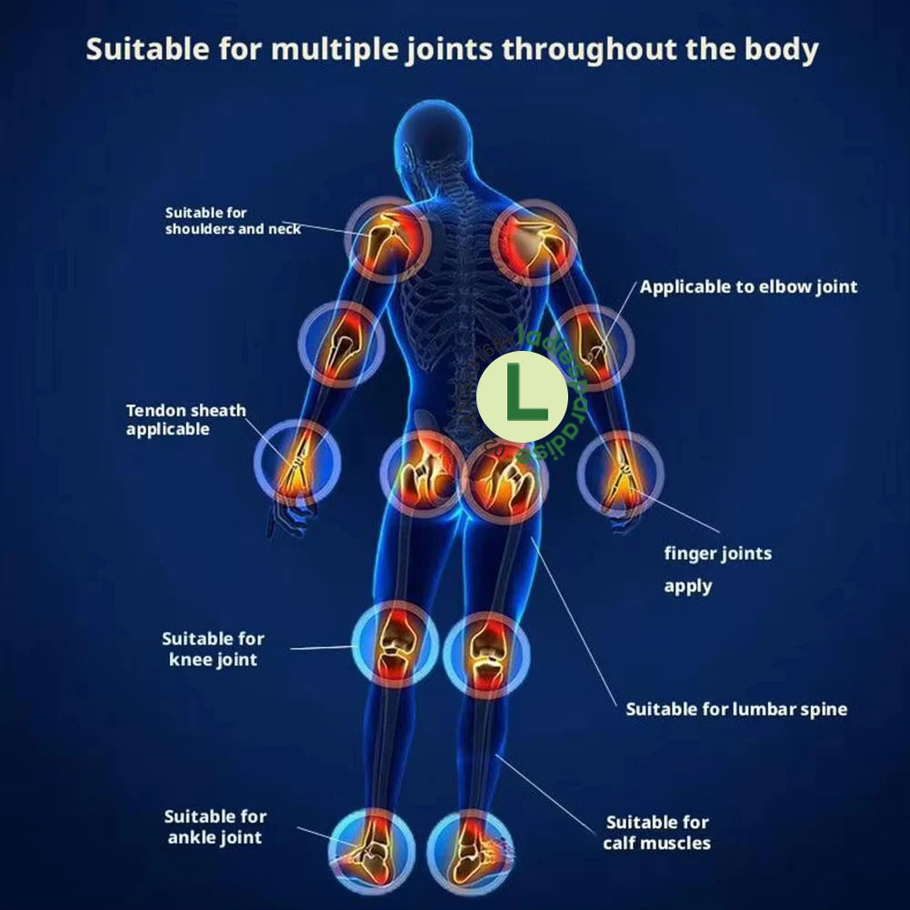 DDS bioelectric therapy diagram showing pain relief and meridian massage application points on human body joints.