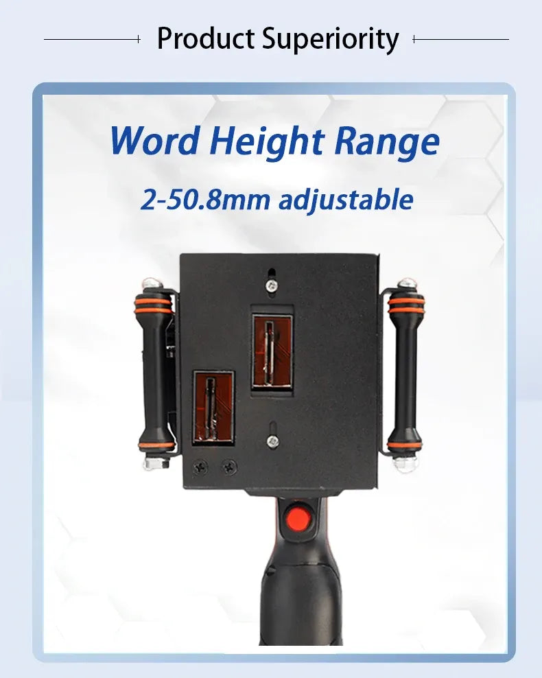 Handheld thermal inkjet printer with adjustable 2–50.8 mm word height range