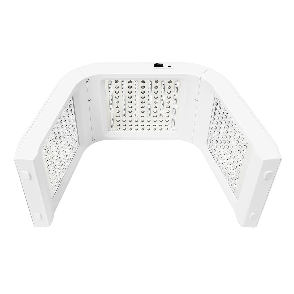 White U-shaped LED facial light therapy machine with three panels featuring grid arrays of small light bulbs.