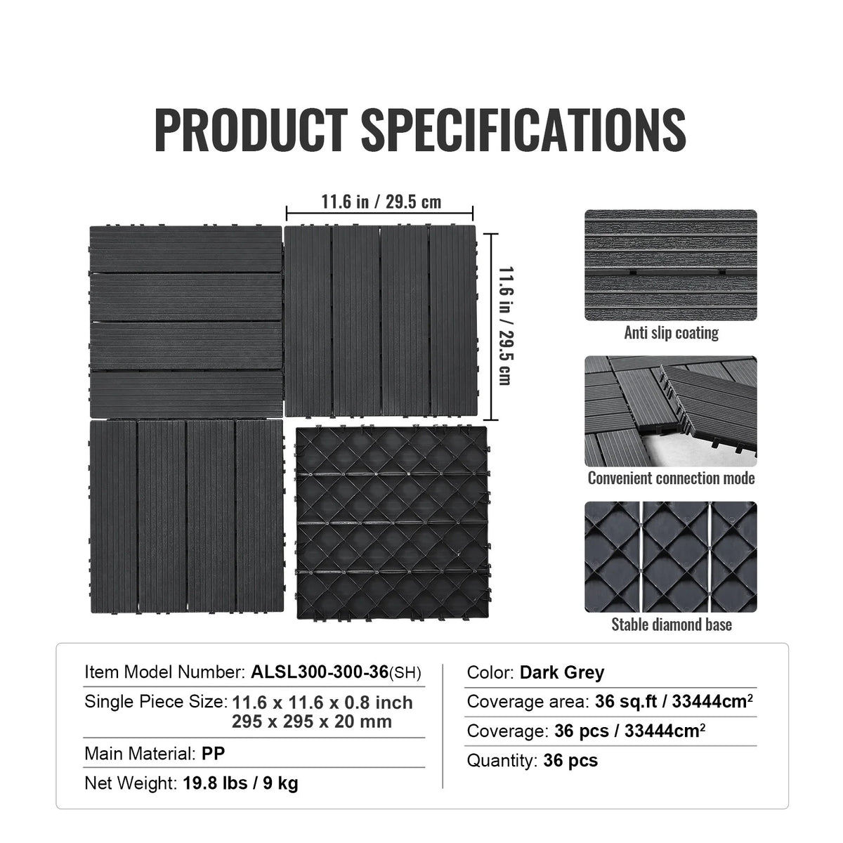 Interlocking dark grey deck tiles, diamond-texture base, 36-piece set