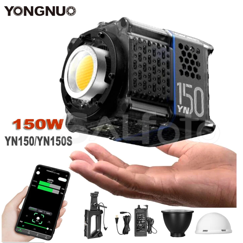 Compact 150W LED video light with honeycomb casing, cooling vents, and app control accessories for studio lighting.