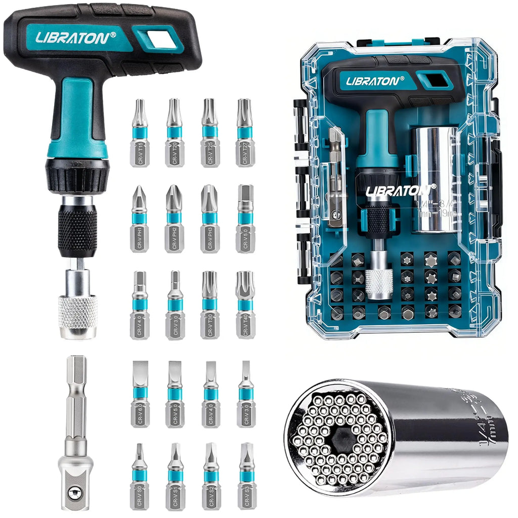 LIBRATON 24PCS Universal Socket & Ratchet T-Handle Screwdriver Bit Set Socket Adapter Magnetic Ratcheting Handle for DIY Repair