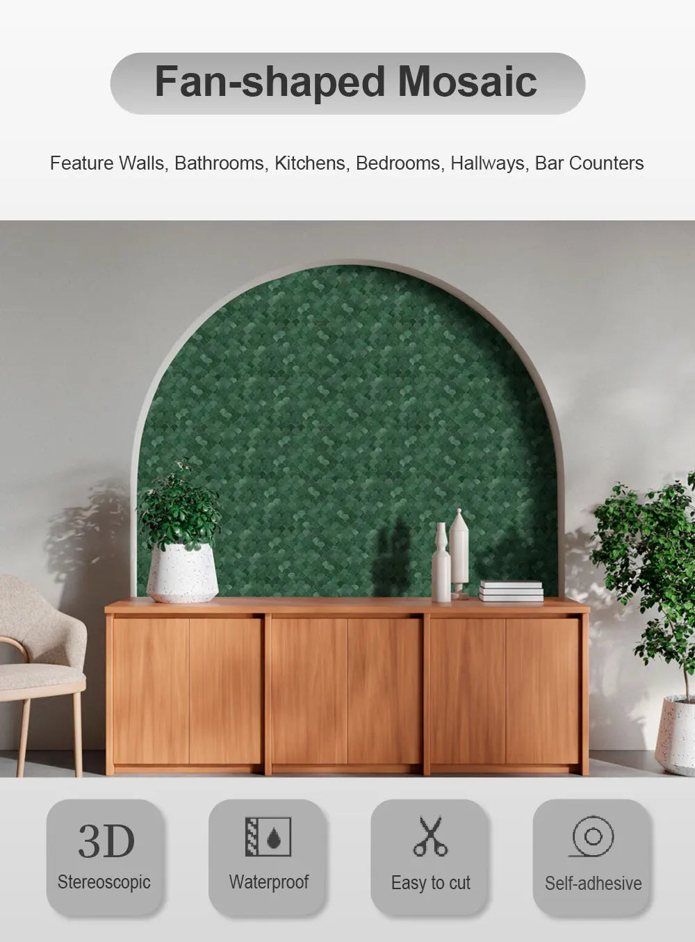 3D Fan-Shaped Peel and Stick Backsplash Self Adhesive Wall Tiles Kitchen Decor Stick on Tiles Backsplash