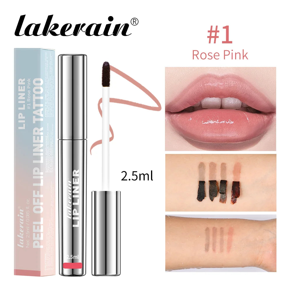Lakerain Rose Pink peel-off tattoo lip liner with doe-foot applicator, showing matte lip color and arm swatches.