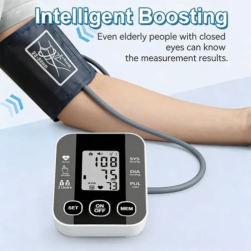 Black and white digital arm blood pressure monitor with clear LCD display for home health monitoring.