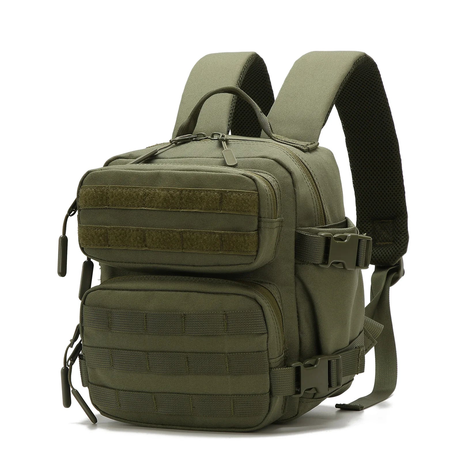 Olive green mini tactical Molle backpack with front organizer pockets and adjustable straps