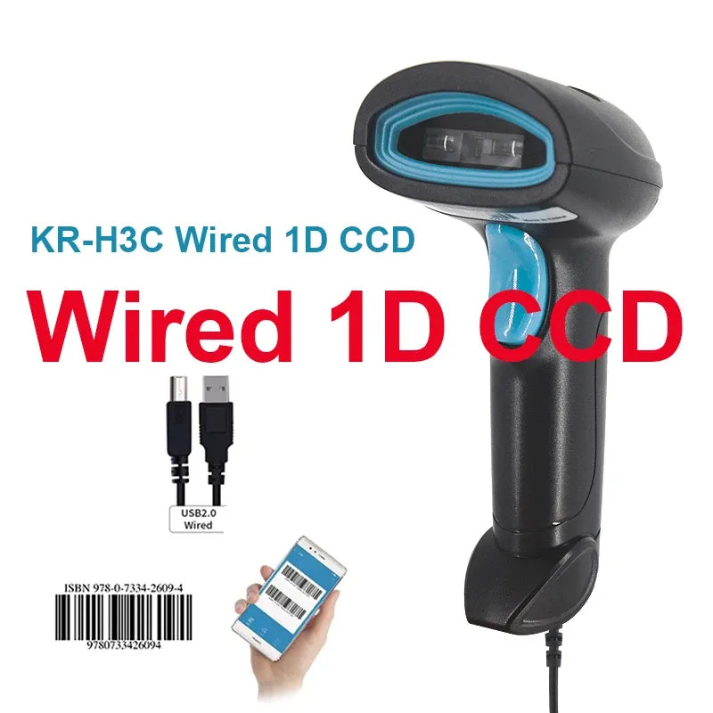 Wired 1D CCD handheld barcode scanner, black with blue accents and blue trigger handle