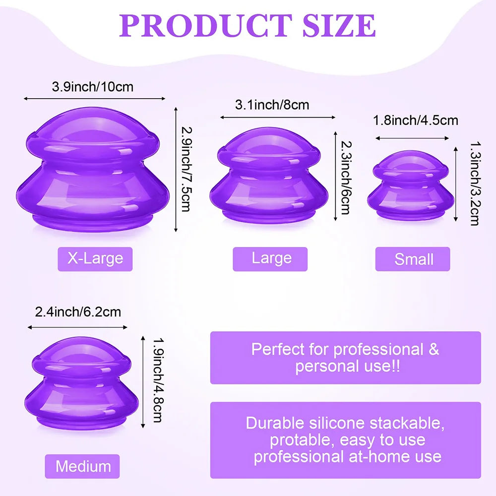 Four purple silicone cupping therapy cups in small, medium, large, and extra-large sizes with dimensions labeled.