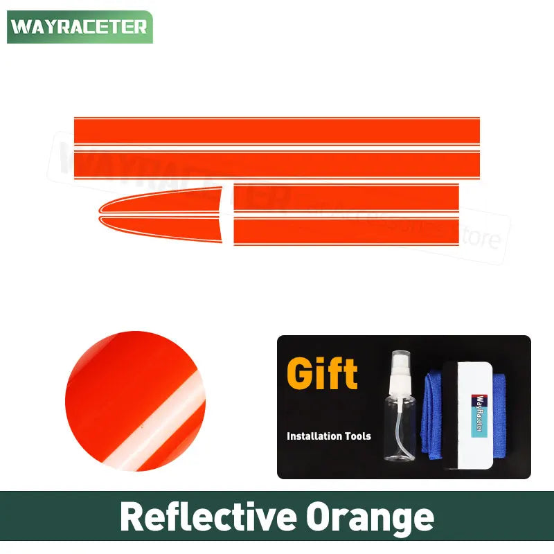 Bright orange reflective vinyl racing stripe decals for Fiat cars, includes a bonus installation tool kit.