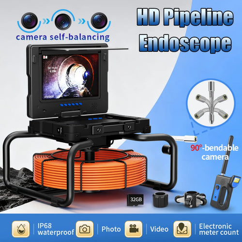 Self-leveling sewer inspection camera with 9-inch monitor, orange cable reel and 32GB card