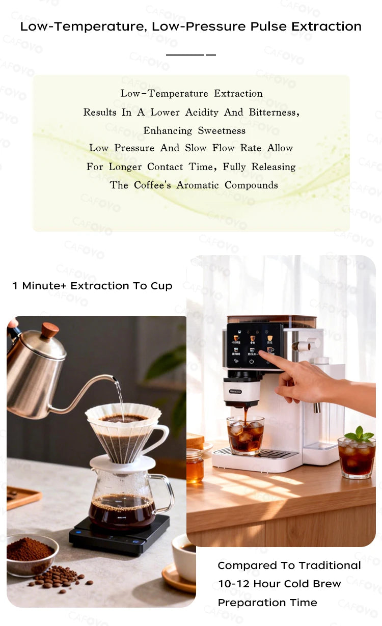 Cafovo white automatic coffee machine with touchscreen interface brewing cold brew coffee into a glass.