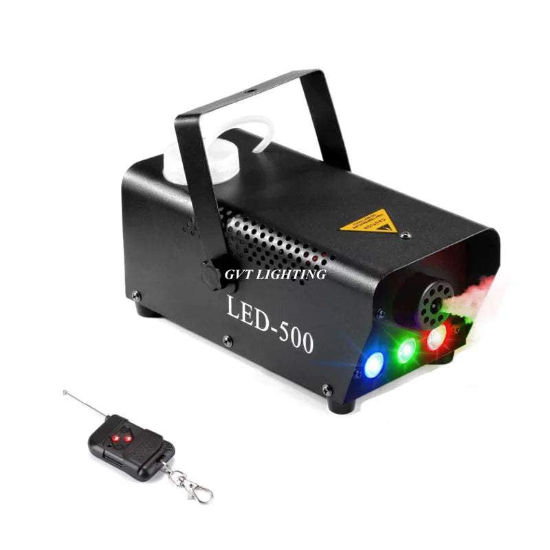 LED-500 RGB stage fogger with side vent, handle, and blue and green light effects