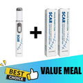 White and silver scar laser pen with two matching product boxes, labeled as a "Value Meal" with a best choice icon.