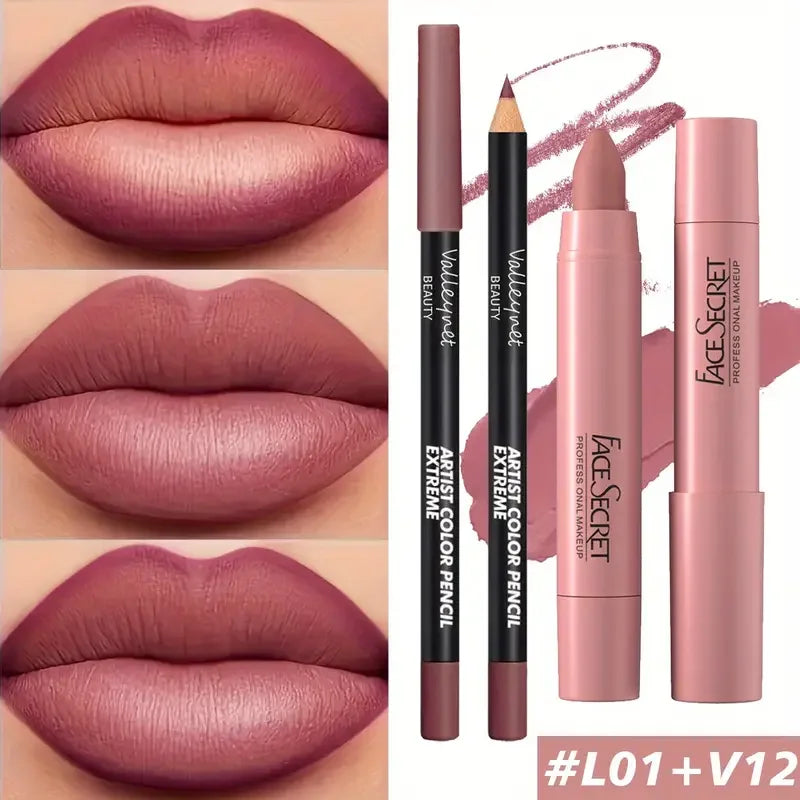 2pcs matte velvet lipstick set with lip liner in deep berry. Waterproof, long-lasting, non-sticky lip makeup.