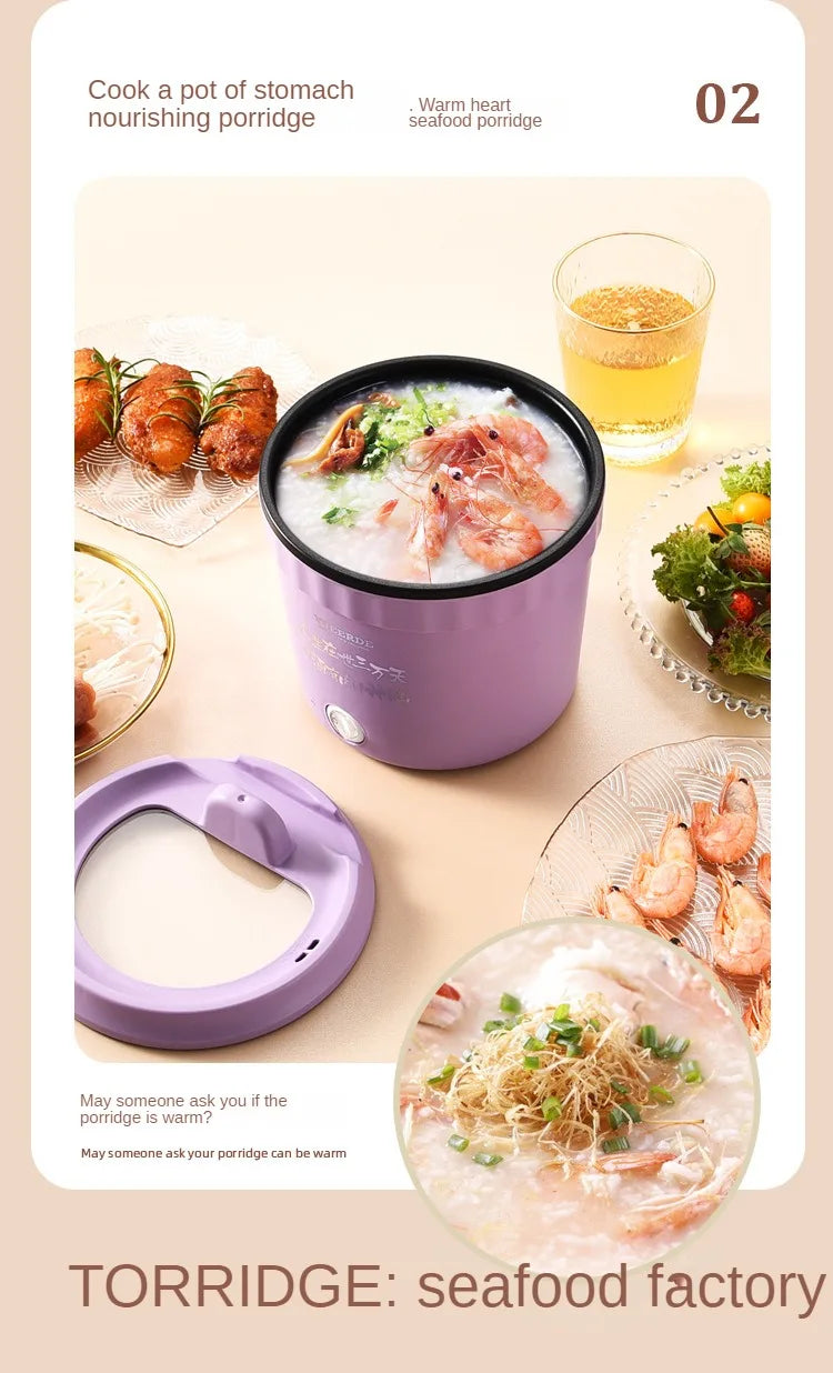 Purple mini electric hot pot with shrimp soup and matching transparent accessories